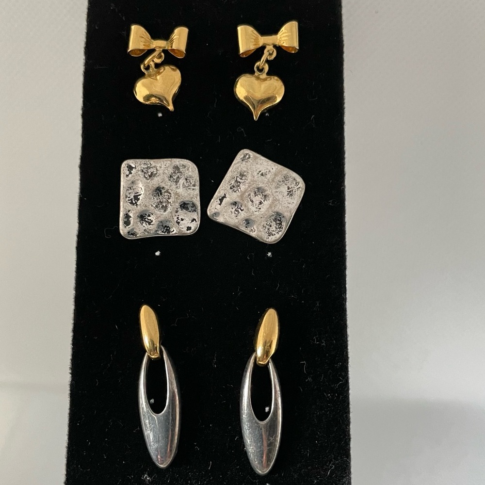 Gold tone bow w/heart dangling, square silver tone back post earrings- 3 pairs